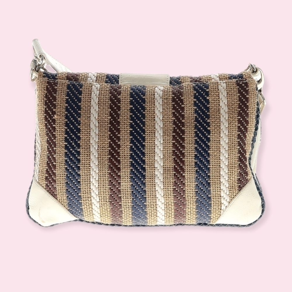 70s Canvas & Leather Turn Lock Satchel Crossbody Handbag Striped Neutral Boho - Picture 5 of 11